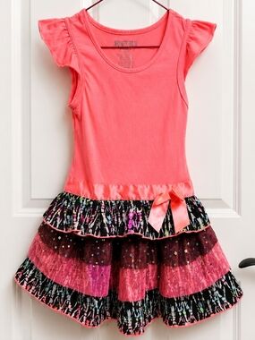 Squeeze Dress Size Large 10/12 Coral Tiered Sequin Party Dress Spring Summer